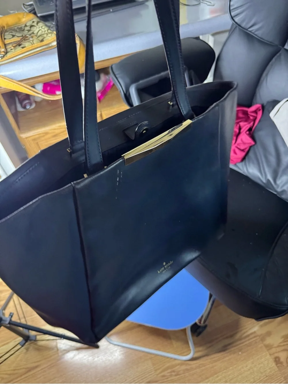 kate spade Black Leather Tote with Gold Accent